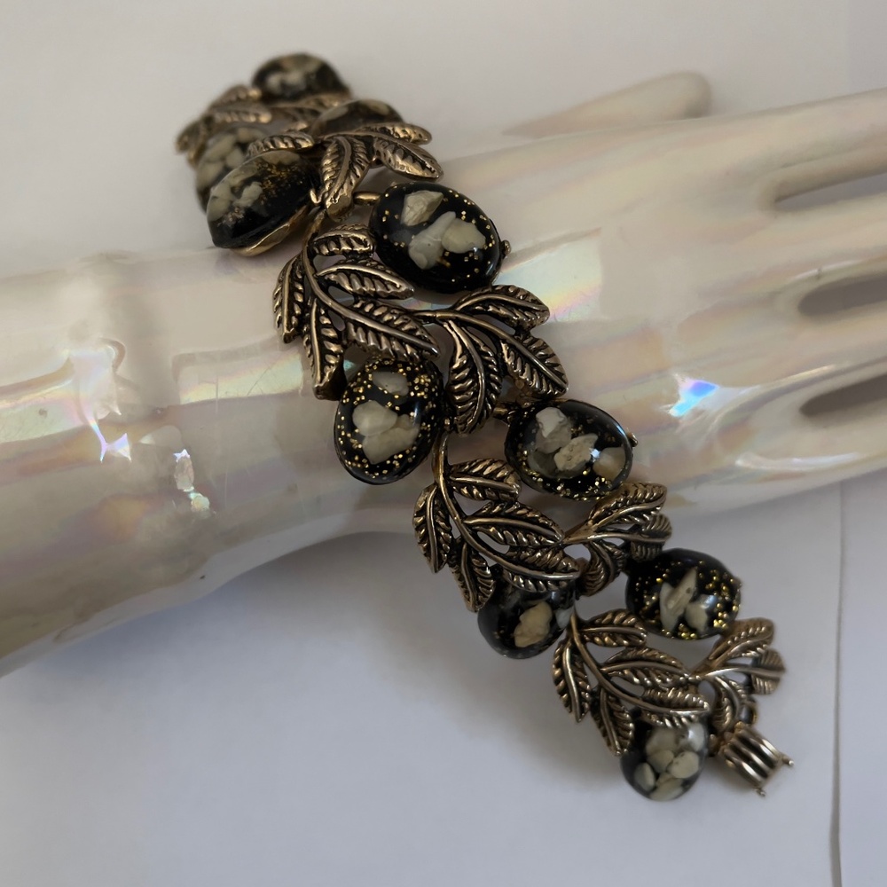 SELRO SELINI FILIGREE CONFETTI BRACELET LARGE PANEL VTG BLACK GOLD GLITTER SHELL